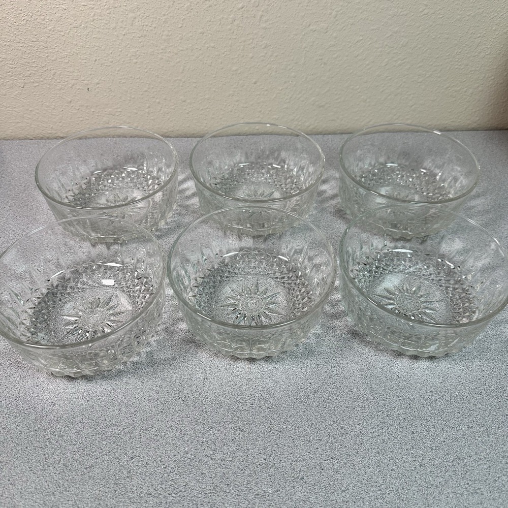 Set of 6 Vintage ARCOROC FRANCE Starburst Diamond Pattern Clear Glass 5" Bowls - Picture 7 of 9